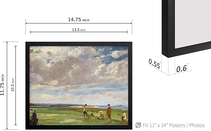 Poster Master Vintage Lady Astor Playing Golf at North Berwick Painting Poster - Retro Golf Course Print - Golf Art - Sports Art - Landscape Art - Office or Living Room Decor, 11x14 Black Framed