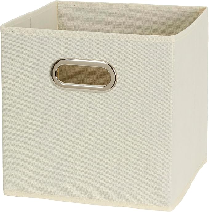 Fabric Storage Bins 6 Piece Set, Strong Poly-Woven Fabric, Sturdy Chipboard Sides, Grommet Front Handle, Stackable and Foldable, Classic Design, Cream