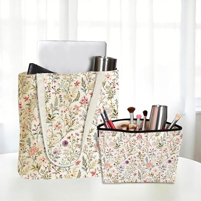 Flower Plant Lover Gifts for Women Canvas Tote Bag with Makeup Bag Cosmetic Bags Grocery Bags for Shopping Christmas