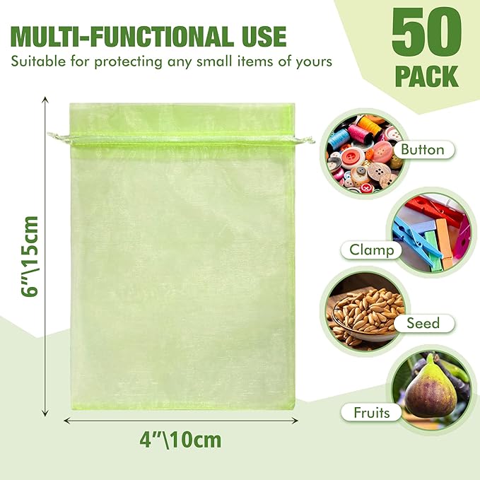 50 Pcs Drawstring Fruit Protection Bags, 4×6 Inch Green Mesh Fruit Net Covers, Anti-Bird Anti-Insect Garden Protective Bags for Fruit Tree, Tomato, Strawberry, Apple, Cherry, Grapes and Vegetables