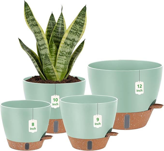Self Watering Planters Set with Water Level Indicator, 12" 10" 9" 8" Large Plastic Flower Pots with Mesh Drainage Hole and Removable Saucer Reservoir for Indoor Outdoor Plants (Green)
