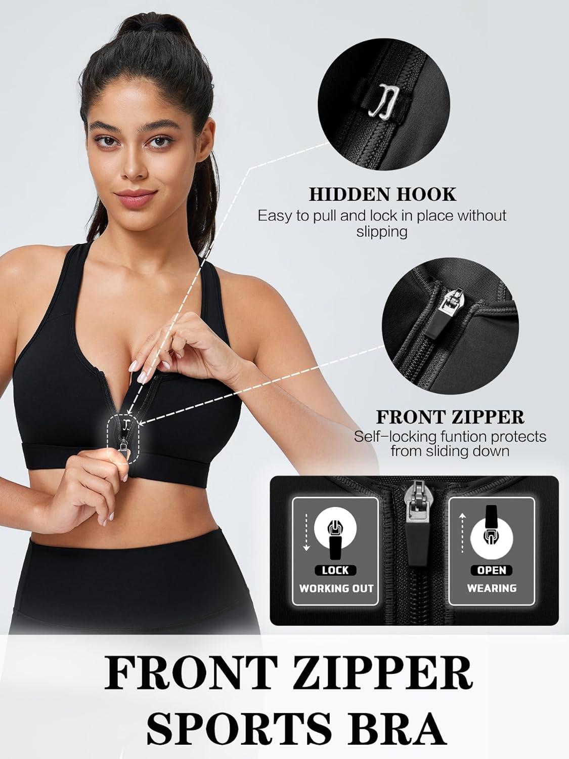 Skiennix High Impact Sports Bra - Zip Front Closure for Women | Post-Surgery Racerback Design