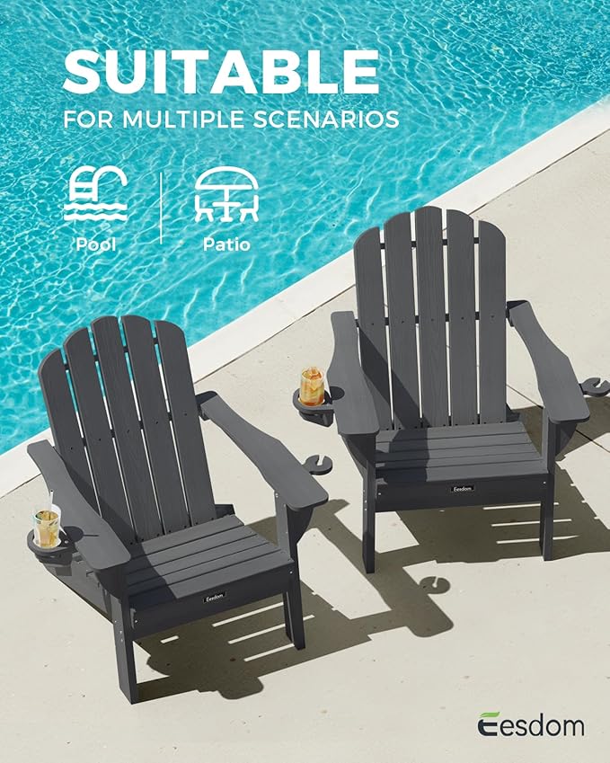 Folding Adirondack Chairs Set of 2,All-Weather HDPE Fire Pit Chair with 2 Cup Holders, Plastic Outdoor Chair for Patio Deck Garden Lawn, Dark Grey