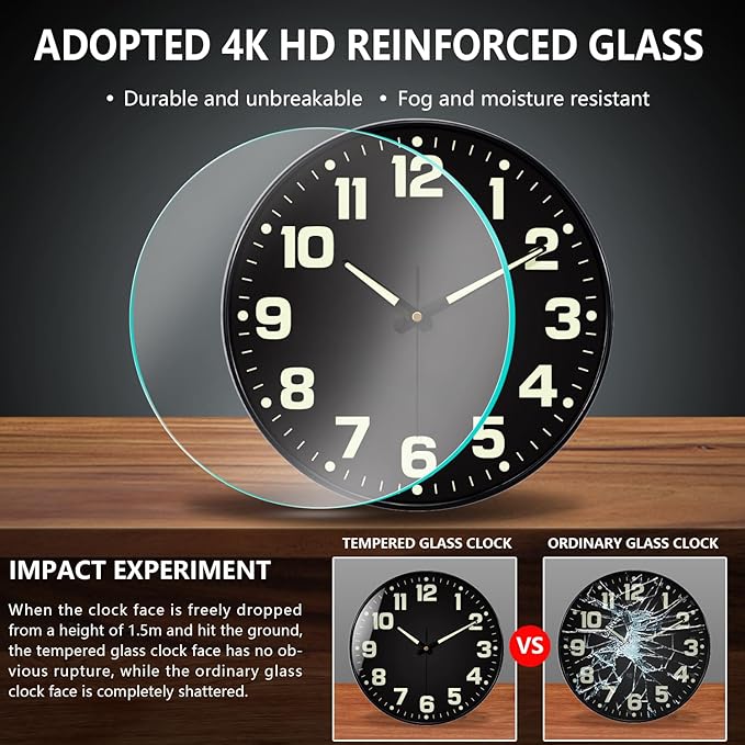 12 Inch Silent Wall Clocks Battery Operated, Glow in The Dark Wall Clock