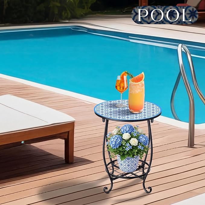 Cinnvoice Outdoor Side Table Round Small Mosaic Patio Accent Indoor End Plant Coffee Tea Table for Yard Patio Porch Garden Living Room, Bedroom(Blue Tile Style,14 Inch)