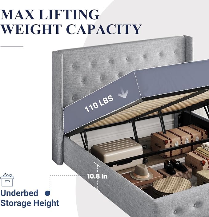 Allewie Queen Size Lift Up Storage Bed, Button Tufted Headboard with Wingback, Hydraulic Support, No Box Spring Needed, Light Grey