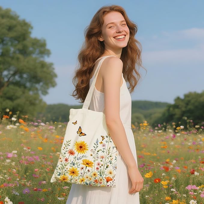 Flower Plant Lover Gifts for Women Canvas Tote Bag with Makeup Bag Cosmetic Bags Grocery Bags for Shopping Christmas