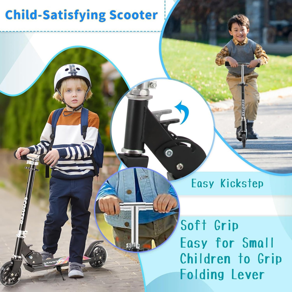 Skiennix Kids Scooter - Light-Up Wheels, 3 Adjustable Height Levels, Rear Brake