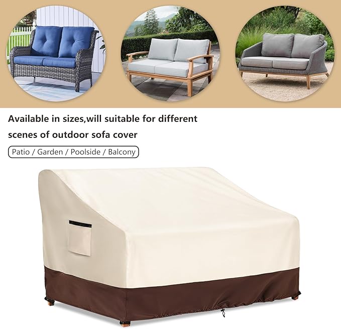 3-Seater Patio Sofa Cover, 600D Heavy Duty Waterproof Outdoor Sofa Covers, 85 W x 38 D x 35 H Inches Outdoor Couch Cover, Patio Furniture Covers, Lvory&Brown
