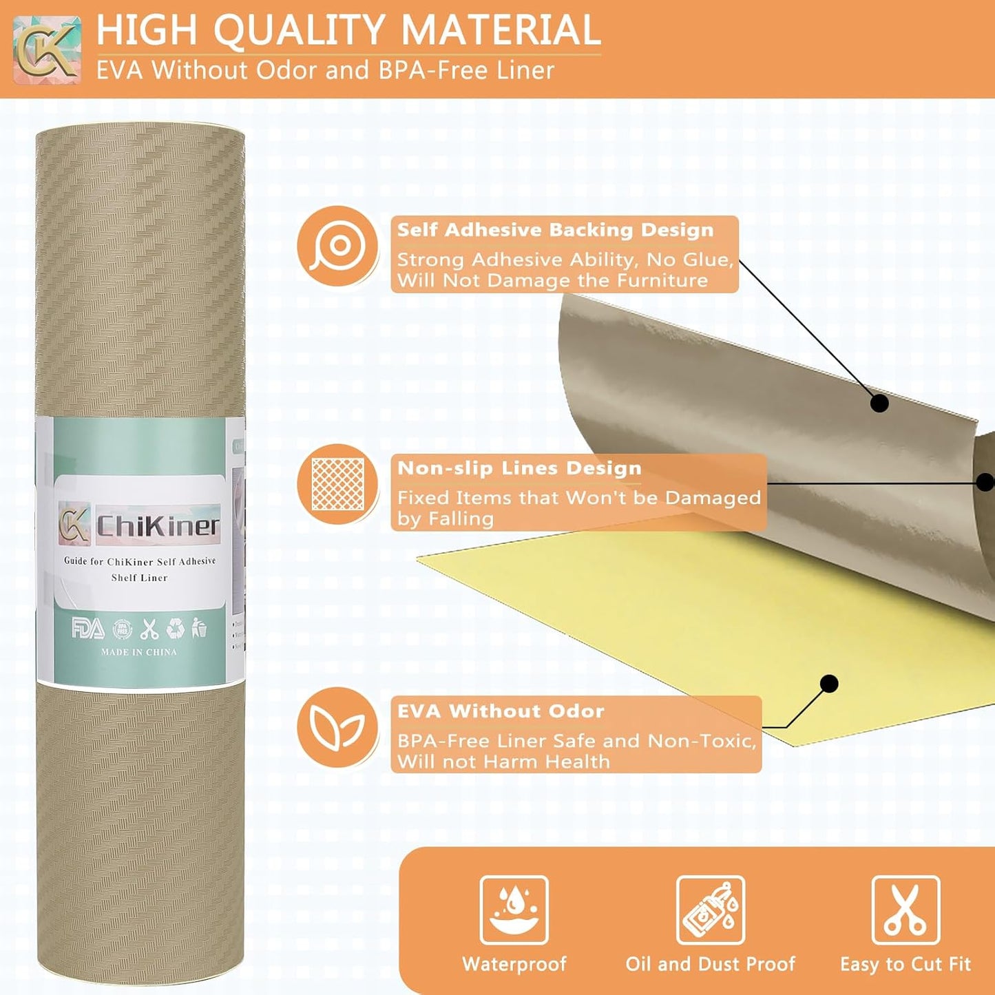 Self-Adhesive Shelf Liner Kitchen Liner, Waterproof Backed Paper Easy Peel and Stick Contact Liner Without Residue for Decor Your Desk Surface, Kitchen Countertops (Dark Khaki, 35.4 x 118.1 inches)