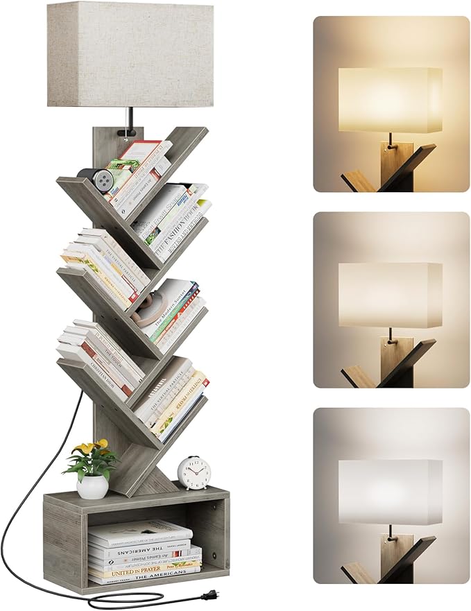 Evermagin 6 Tier Tree Bookshelf with Light, Narrow Bookcase Tower, Tall Floor Standing Book Shelf Organizer with Storage Cabinet for Living Room, Bedroom and Home Office, Gray