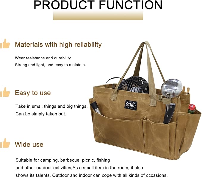 Portable Garden Camping Tool Storage Bag,Waxed Canvas Firewood Carrier Tote bag,Collapsible Sturdy Garden Basket Great for Women, Gardener, Electrician, Repairer (Khaki)