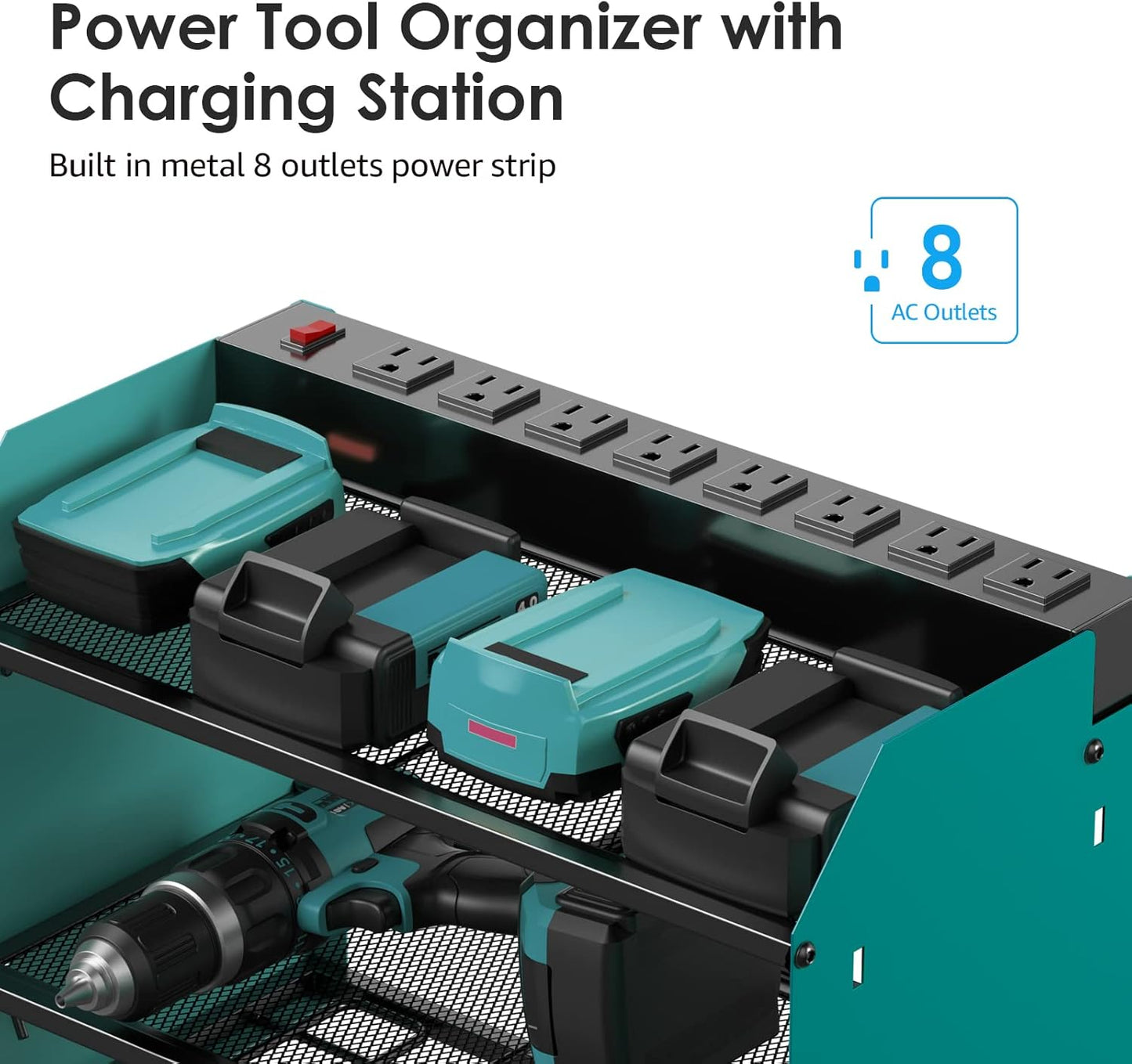 CCCEI Modular Power Tool Organizer Wall Mount with Charging Station. Garage 4 Drill Storage Shelf with Hooks, Drill Bit Heavy Duty Rack, Navy Blue Tool Battery Holder Built in 8 Outlet Power Strip.