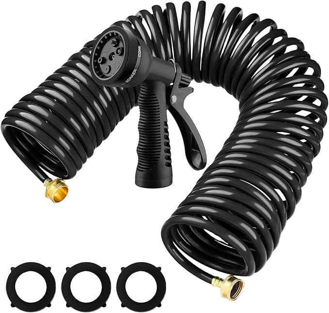 Pangda 100 Ft x 3/8'' Coil Garden Hose EVA Recoil Garden Self Coiling Expanding Water Hose with 6 Function Spray Nozzle Universal 3/4'' Brass Connector Fitting for Outdoor Yard(Black)