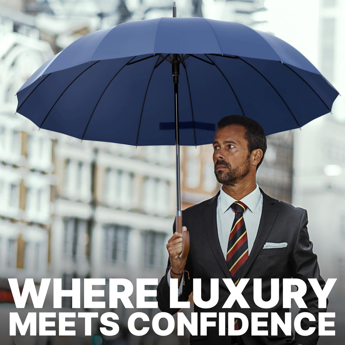 Royal Walk Large Windproof Umbrella for 2 - Navy Blue, 54 Inch, Auto Open, Wooden Handle, 16 Ribs