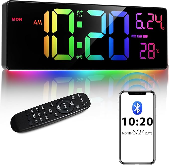 16" Bluetooth Large Digital Wall Clock/Auto Time Sync, 10 RGB Colors Digital
