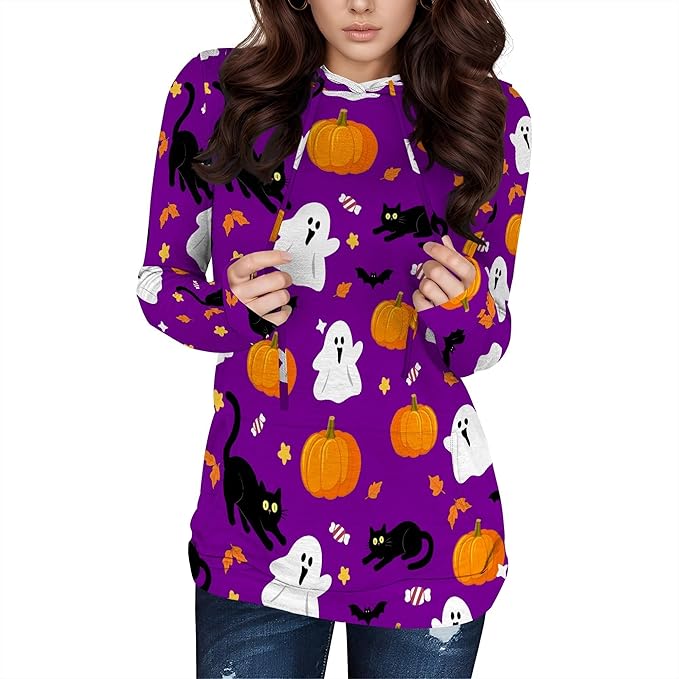 Halloween Sweatshirts For Women Long Sleeve Spooky Graphic Sweatshirts Pumpkin Pullover Halloween Party Club Wear