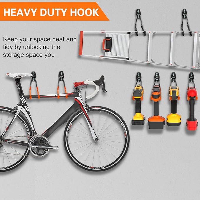 HUPBIPY Heavy Duty Garage Hooks 8 Pack, 7.7 inch U Shaped Long Hanger, Wall Mounted Storage System, Power and Garden Tool Organizer, for Hanging Ladders, Bikes, Hose, Bulk Items and More