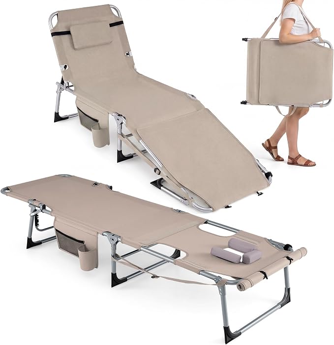 Giantex 2-Pack Tanning Chair with 5 Adjustable Position, Face & Arm Hole, Hand/Shoulder Strap, Removable Pillow, Side Pocket, 330 Lbs Capacity, Lounge Chair Outdoor for Beach Sunbathing, Beige