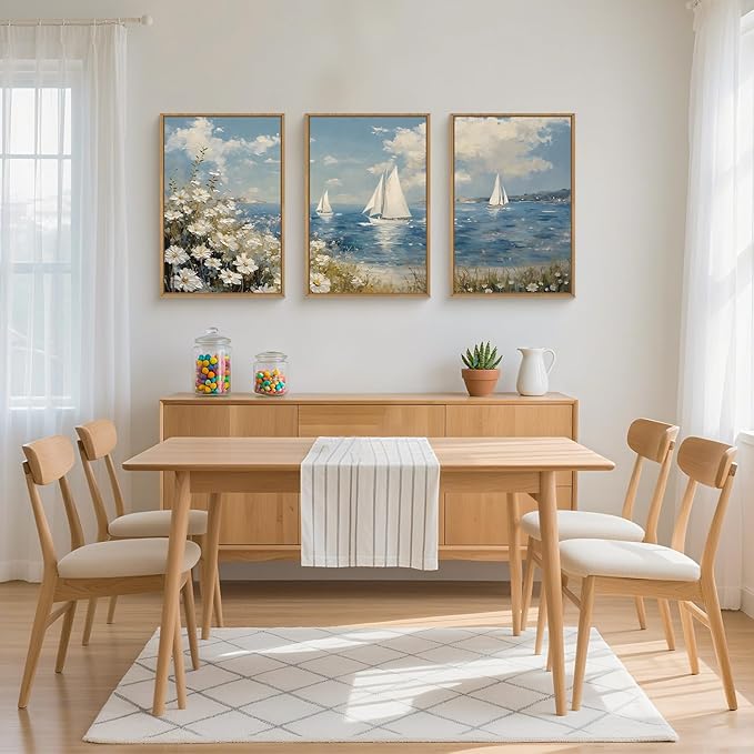 FWIEXA Coastal Wildflower Canvas Wall Art Framed, Ocean Sailboats Pictures Wall Decor, Beach Flower Seascape Painting, Blue Sky 3 Pieces 24x36In Artwork for Living Room, Bedroom, Bathroom, Rustic Farmhouse