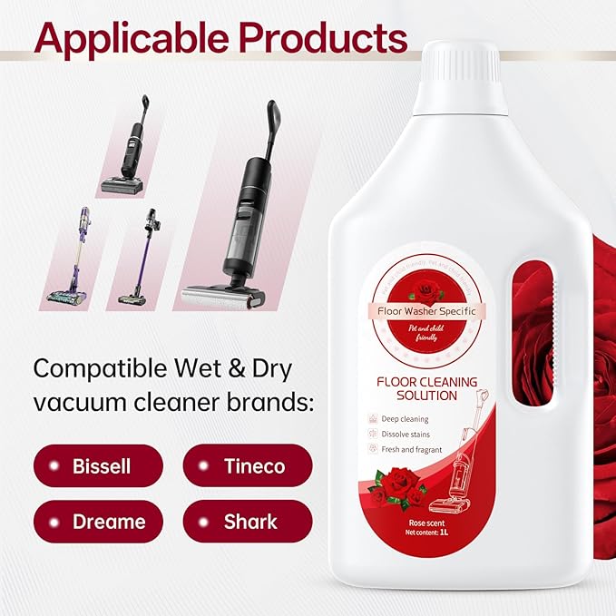 1L Floor Rose Cleaning Solution Compatible With Tineco/Bissell/Dreame And Shark, Fragrance Deodorization, Deep Cleans for Multiple Hard Floors, Suitable With Cordless Wet/Dry Vacuum Cleaner