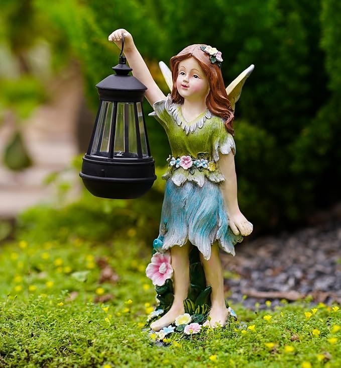 Fairy Garden Statue Solar Garden Fairy with Lantern Light Outdoor Decoration Waterproof Solar Sculpture for Patio Yard Lawn Gift for Mom Grandma