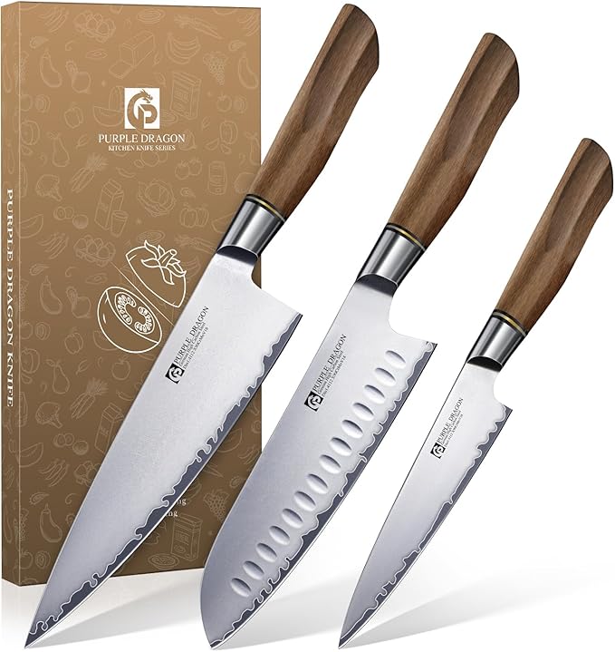 Purple Dragon Knife Set, 3Pcs Kitchen Knives Set, German VG10 Steel Japanese Chef Knife 7.8 Inch Santoku Knife 7 Inch Utility Knife 5.1 Inch, Razor-Sharp Knives with Gift Box