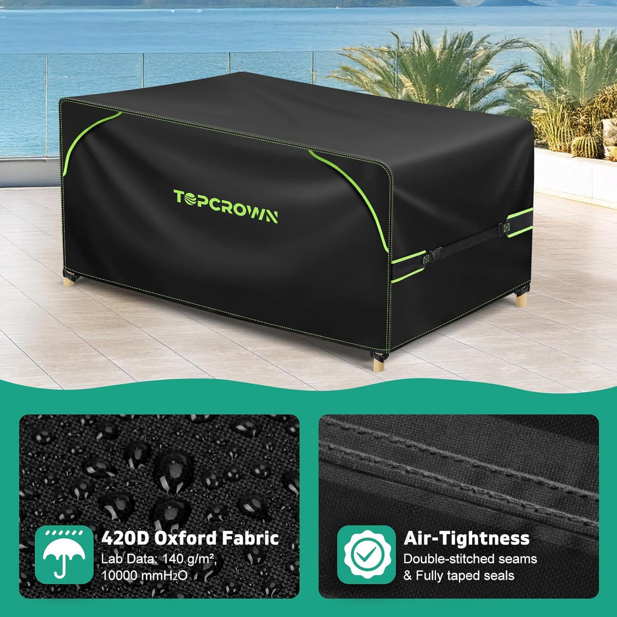 Topcrown Rectangular Patio Furniture Covers - Waterproof Anti-UV Oxford Fabric | 74"L x 47"W x 28"H, Black & Green