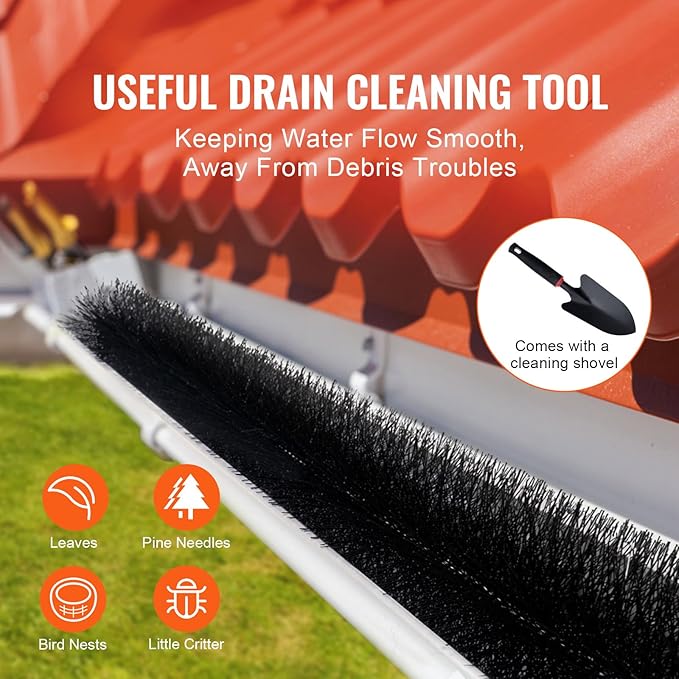 Happybuy Gutter Brush 60ft Length 5.25in Diameter Gutter Cleaning Tool Leaf Guard for 5-Inch Gutters, Roof Debris Clearance, 20 Pack, Durable PP & Galvanized Steel