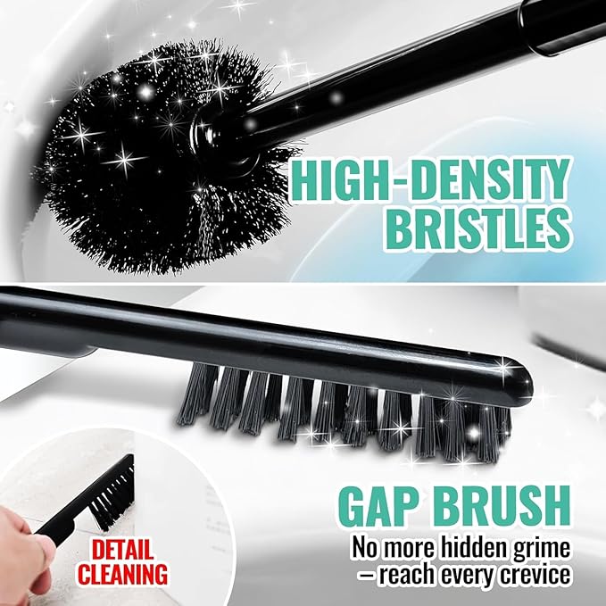 3PACK 4 in 1 Toilet Brush and Plunger Set with Crevice Cleaning Brush, Toilet Plunger and Brush Set with Extra Long Handle, Plungers for Bathroom Accessories, Toilet Plunger with Holder, Black