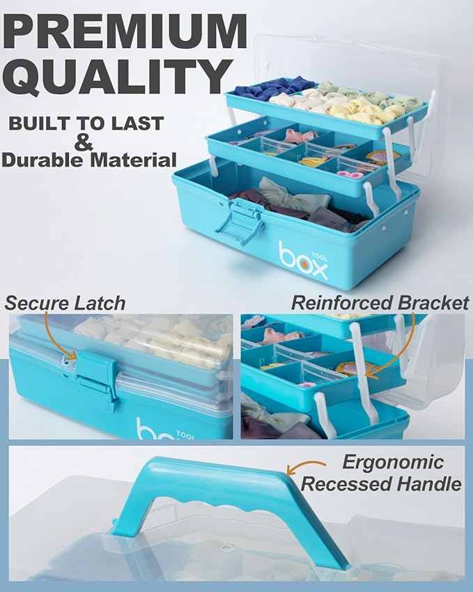 12in 3-Layer Plastic Craft Organizers and Storage, Portable Folding Tackle Box with Handle & Adjustable Dividers, Multipurpose Case for Sewing, Art Supplies, Medicine, Tools (Blue)
