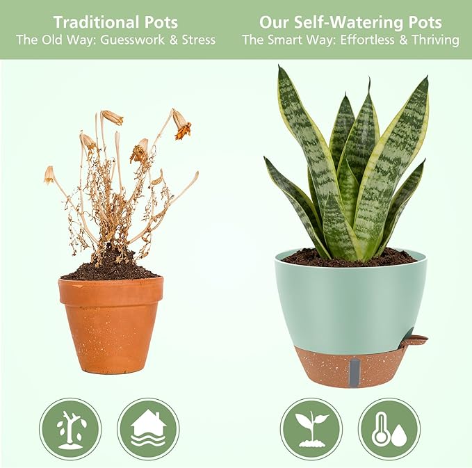 Self Watering Planters Set with Water Level Indicator, 12" 10" 9" 8" Large Plastic Flower Pots with Mesh Drainage Hole and Removable Saucer Reservoir for Indoor Outdoor Plants (Green)