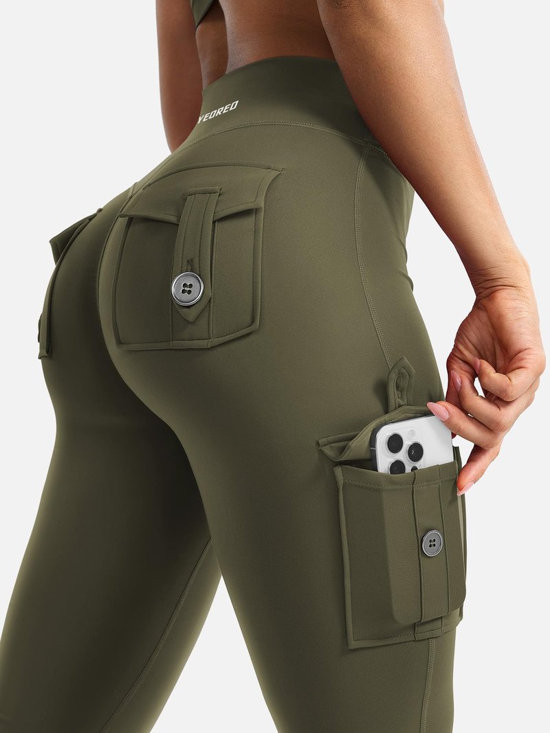 YEOREO CoreFlex Women Workout Flare Leggings with Pockets Hidden Scrunch Cargo Gym Yoga No Front Seam Leggings Army Green XXL