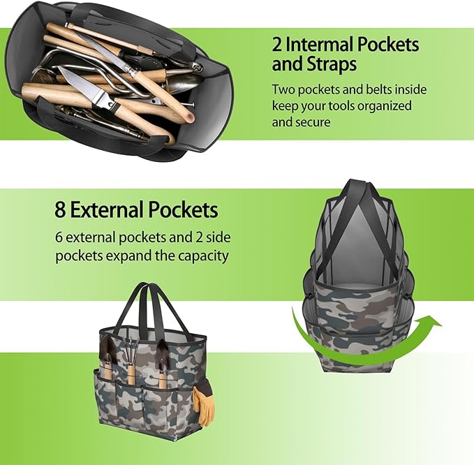 Green Camo Garden Tool Bag - Waterproof Garden Tote with 8 Pockets, Large Storage Home Organizer Gardening Tool Oxford Bag for Garden Tools Kits Holder, Ideal Outdoor Gardening Gift for Women & Men