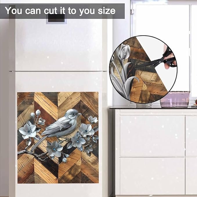 Stainless Steel Bird Flowers Dishwasher Magnet Cover for Home Appliances, Vintage Wood Grain Magnet Refrigerator Panel Decal, Silver Metal Bird Magnetic Dishwasher Sticker 23" W x 26" H