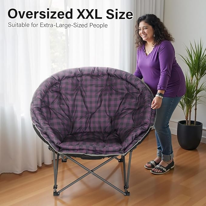 Oversized XXL Folding Round Camping Chairs,Comfy Padded Moon Camp Chairs,Heavy Duty Supports 400 Lbs Outdoor Lawn Chairs for Adults,Perfect for Indoor,Family Hiking,Picnics and Garden,Purple Plaid