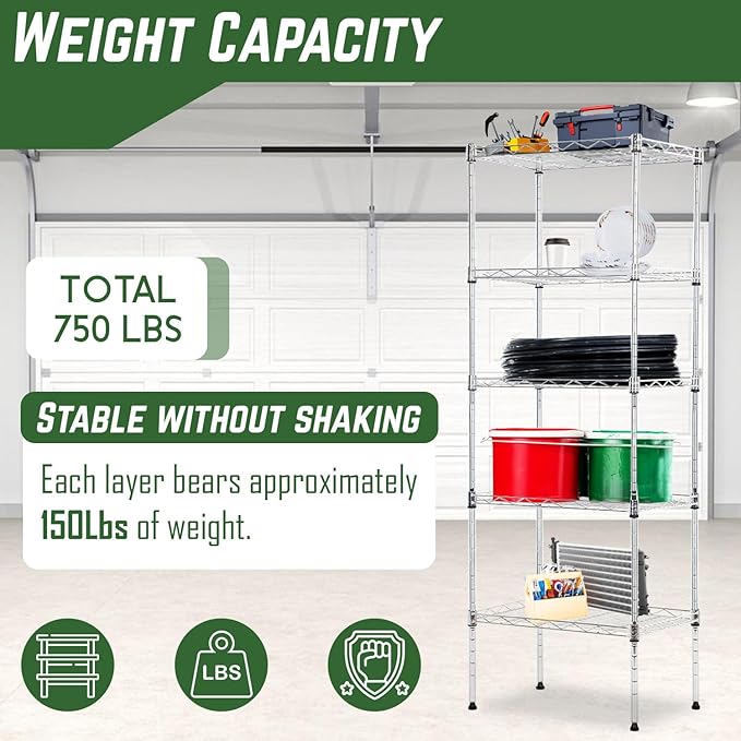 PayLessHere 5-Tier Adjustable Wire Shelf 12" W x 17" D x 48" H Max Load 750 lbs, Easy Assembly, Versatile Storage Solution, Durable and Stable for Home and Office,Chrome