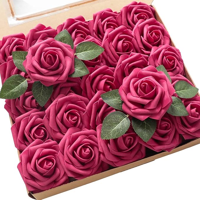 Floroom Artificial Flowers 50pcs Real Looking Fuchsia Foam Fake Roses with Stems for DIY Wedding Bouquets Bridal Shower Centerpieces Floral Arrangements Party Tables Home Decorations