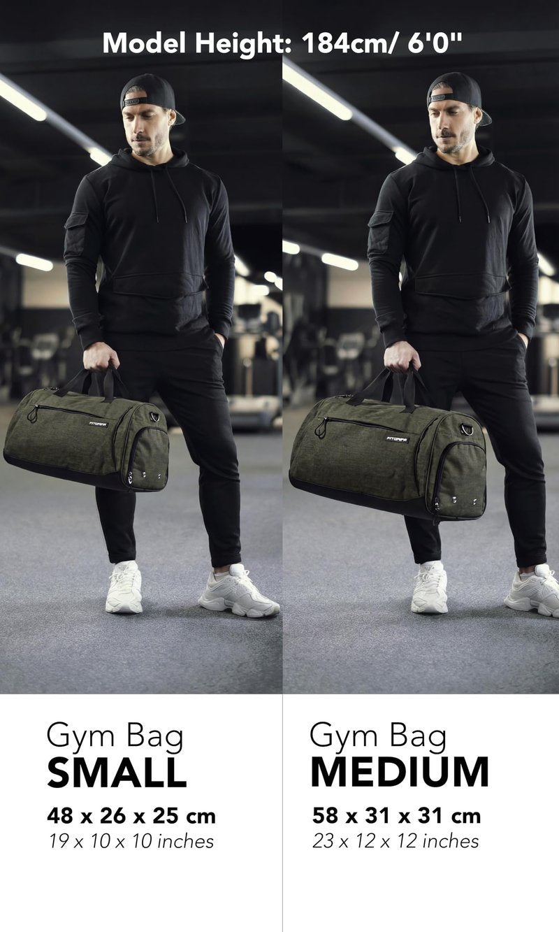 Fitgriff® Gym Bag for Men & Women with Shoe & Wet Compartment - Duffle Bag for Travel, Sports, Fitness & Workout (Army Green, 23 x 12 x 12″ (Medium))