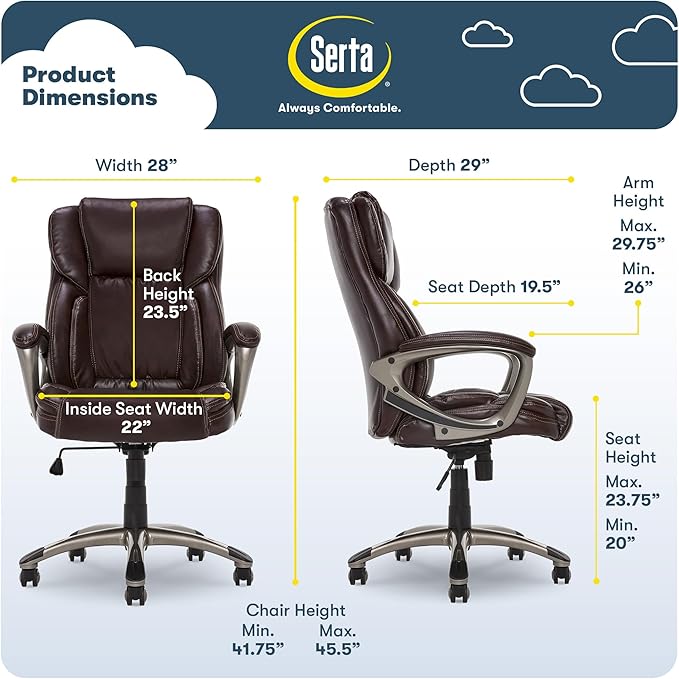 Serta Garret Executive Office Chair, Ergonomic Mid-Back with Lumbar Support, Semi-Plush Cushion and Body Pillows, Padded Armrests, Swivel Base, Bonded Leather, Brown