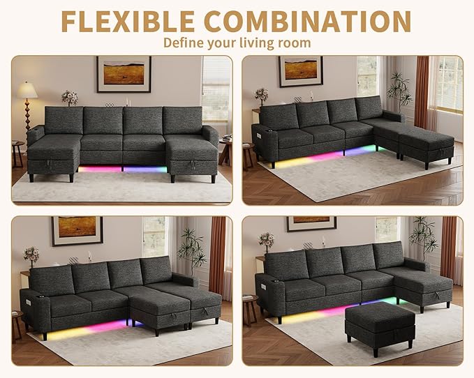 Smart Sectional Couches for Living Room, 6 Seat U/L Shaped Sectional Sofa with RGB Light/Charging, Modern Living Room Furniture for Apartments/Office/More (Dark Grey)
