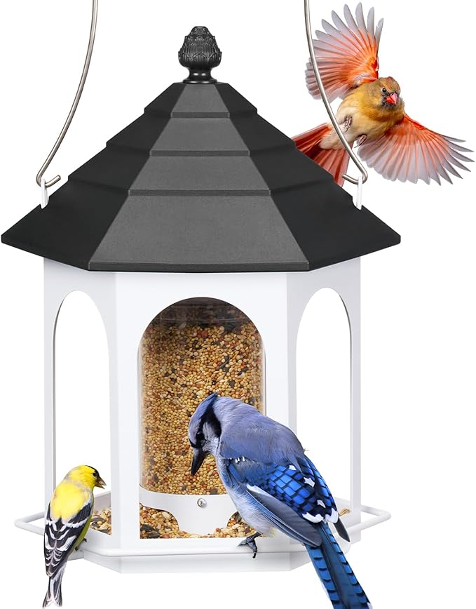 Kingsyard Metal Bird Feeder for Outdoors Hanging, 3 lbs Seed Feeder, Wild Bird Feeders for Garden Cardinal Finch Bluebird, Easy to Fill & Clean, White