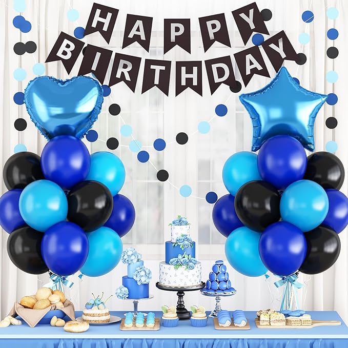 Blue and Black Birthday Party Decorations for Boys Men Royal Blue Black Balloon Set with Star Heart Foil Balloons Happy Birthday Bunting Banner Garland Navy Dark Light Baby Game Theme Party Decor Kit