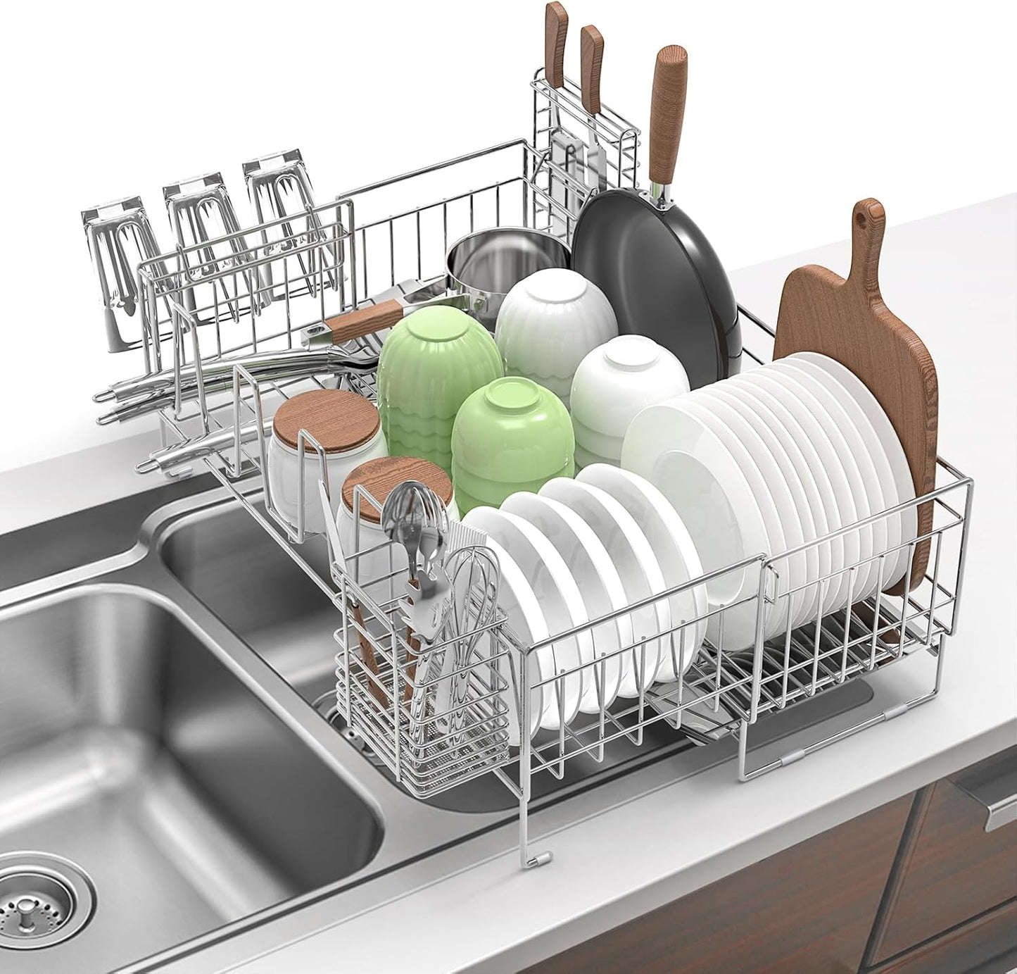 Large Dish Drying Rack - Rust Resistant Dish Rack,Expandable Kitchen Counter,Drainage Board with Sloped Design,Removable Cutlery Holder,Cup Knife Holder,Easy-to-Clean Full Hollow Design-Silver-L