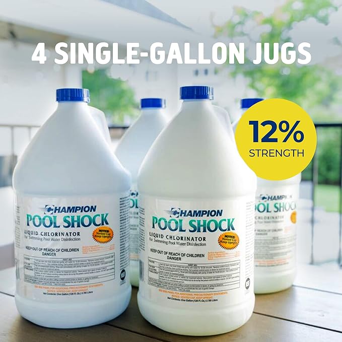 CPDI Champion 4-Pack Pool Shock, 12.5 Liquid Chlorinator for Swimming Pools, 1 Gallon Each - Fast-Acting Sodium Hypochlorite Sanitizer, Ready to Use, Non-Staining, Non-Scaling, Commercial Grade