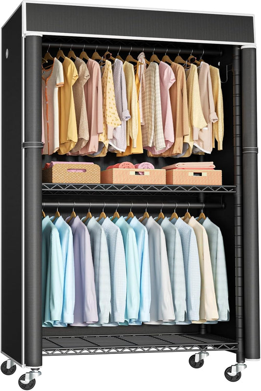 FUTASSI Clothing Rack with Cover, P1C Rolling Closets with Wheels, Metal Garment Rack for Hanging Clothes, Clothing Storage Wardrobe with Cover, 36.2" W x 16.5" D x 80.5" H, Black, Load 450 Pounds
