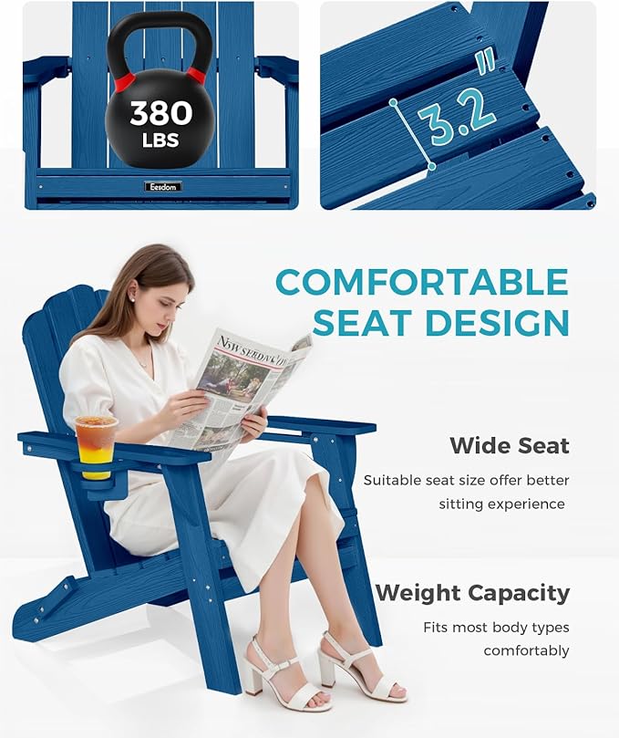 Folding Adirondack Chairs Set of 2,All-Weather HDPE Fire Pit Chair with 2 Cup Holders, Plastic Outdoor Chair for Patio Deck Garden Lawn, NavyBlue