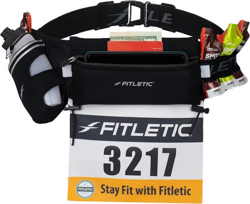 Fitletic Hydration Running Belt with 12oz Water Bottle – Bounce-Free Race Belt for Men & Women, Water-Resistant, Fits All Phones