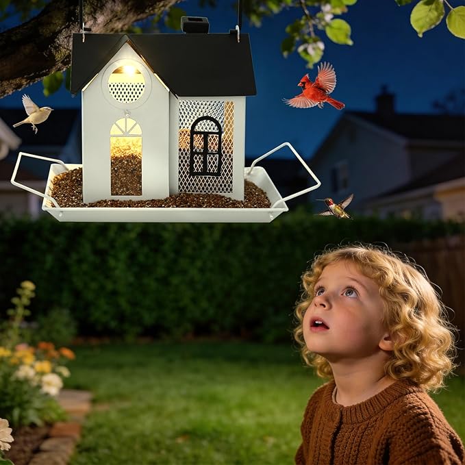 Solar Bird Feeder for Outdoors – White Metal Hanging Bird Feeder with Solar Light, Decorative Bird House Feeder for Cardinals, Finches, and Wild Birds, Weatherproof Backyard Garden Decor