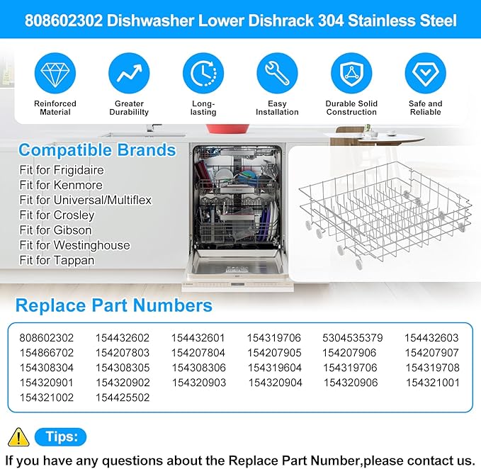 UPGRADED 808602302 Dishwasher Lower Dishrack for Frigidaire Kenmore Dishwasher Rack Replacement Parts with Wheel,808602302 154432602 Frigidaire Dishwasher Rack Parts 304 Stainless Steel Bottom Rack